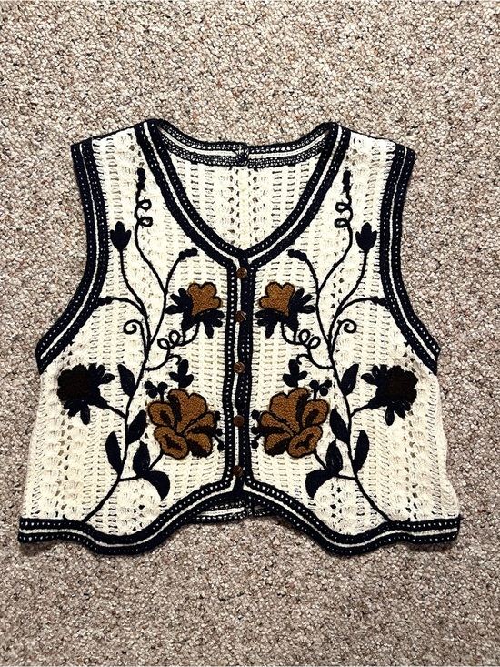 Tops - Crocheted Floral Button-Front Vest in Cream, Black & Mustard